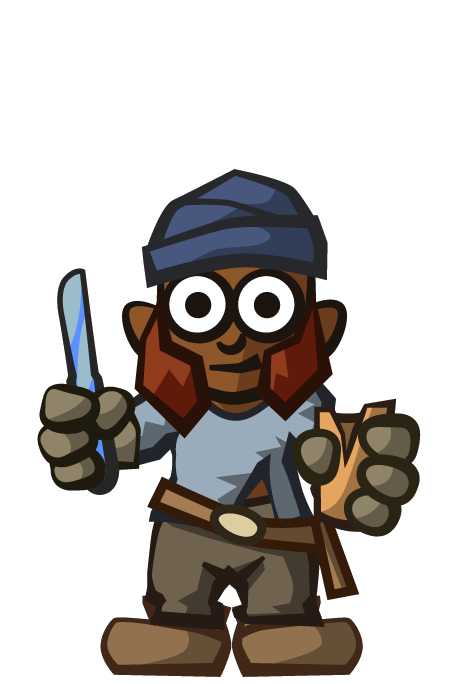 Rogue in a blue head wrap and patched trousers, holding a dagger