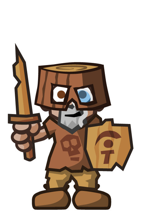 Warrior wearing a wooden bucket helmet and carrying a sword and shield