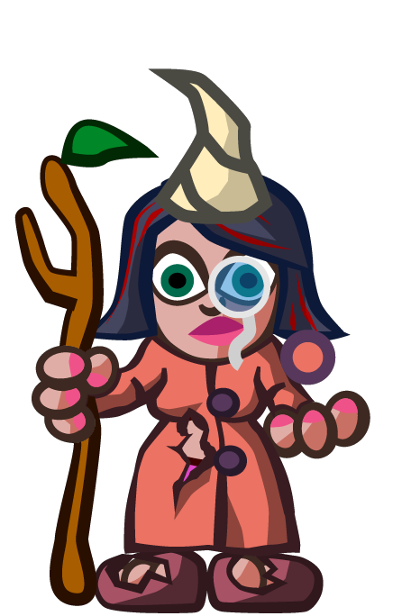 Wizard in a patched red robe and pointed hat, holding a wooden staff