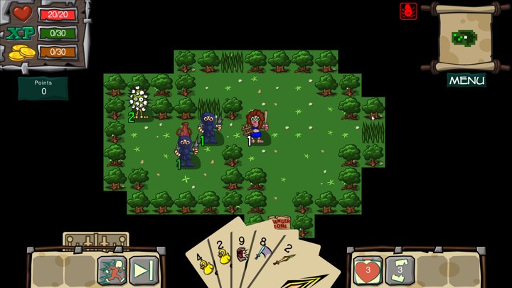 A hero faces monsters in a green dungeon, with a hand of combat cards below