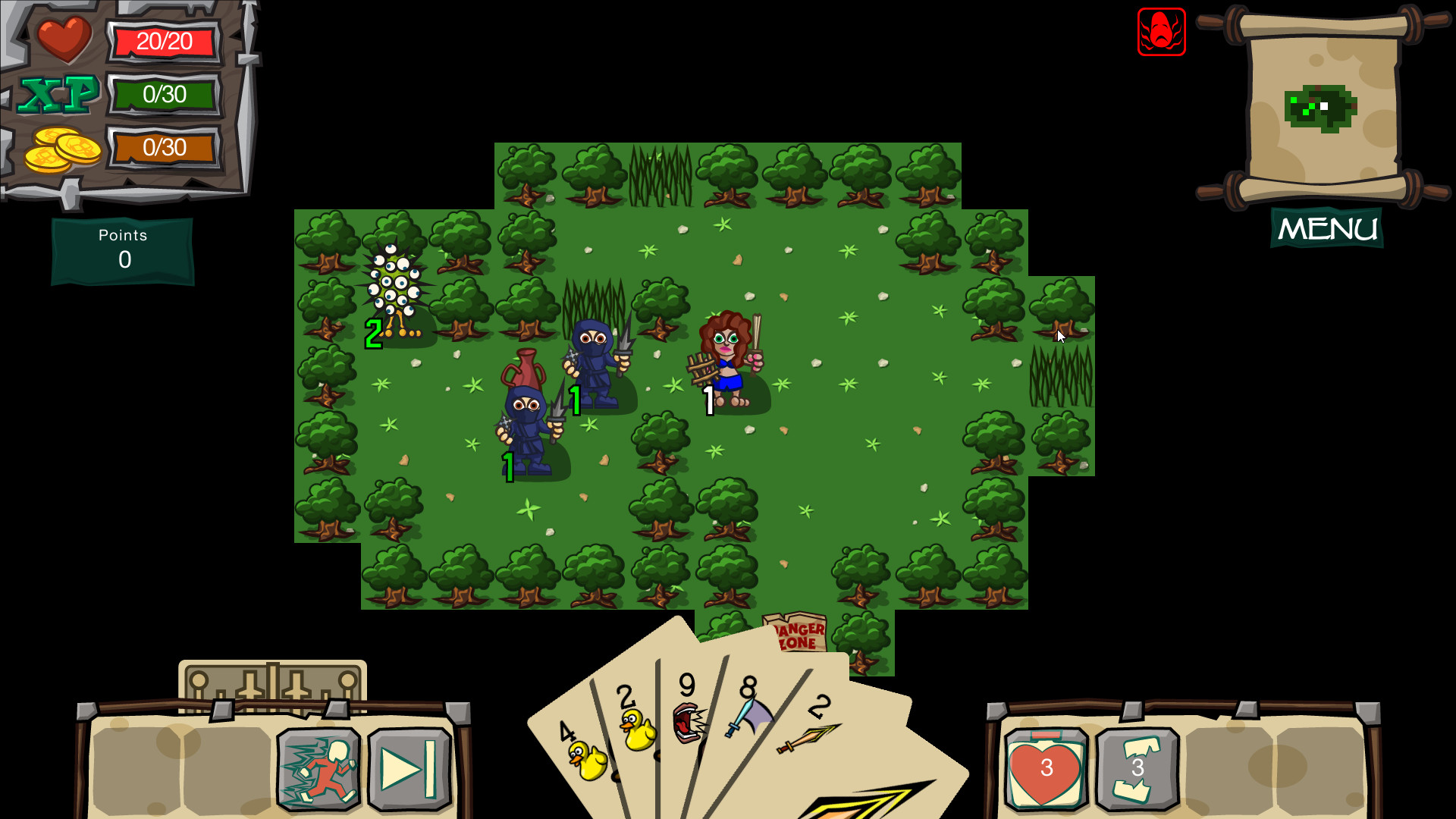 A hero faces monsters in a green dungeon with a hand of combat cards