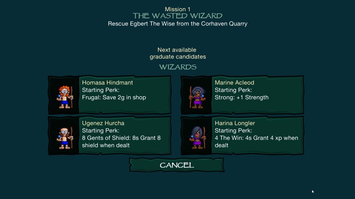 A hero selection screen with four wizard candidates