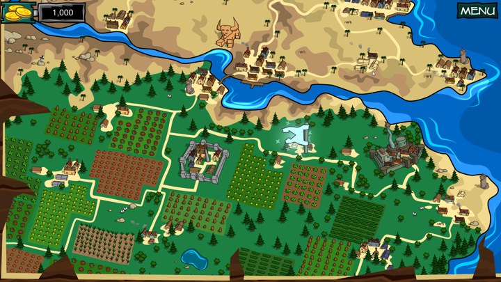 A colorful world map with forests, mountains, desert, and coastlines