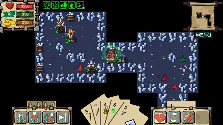 A hero explores an icy blue dungeon with monsters and combat cards