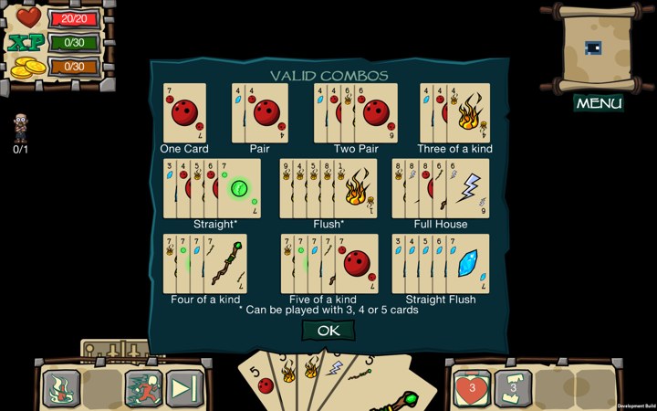 The in-game guide shows valid poker-inspired combat combinations